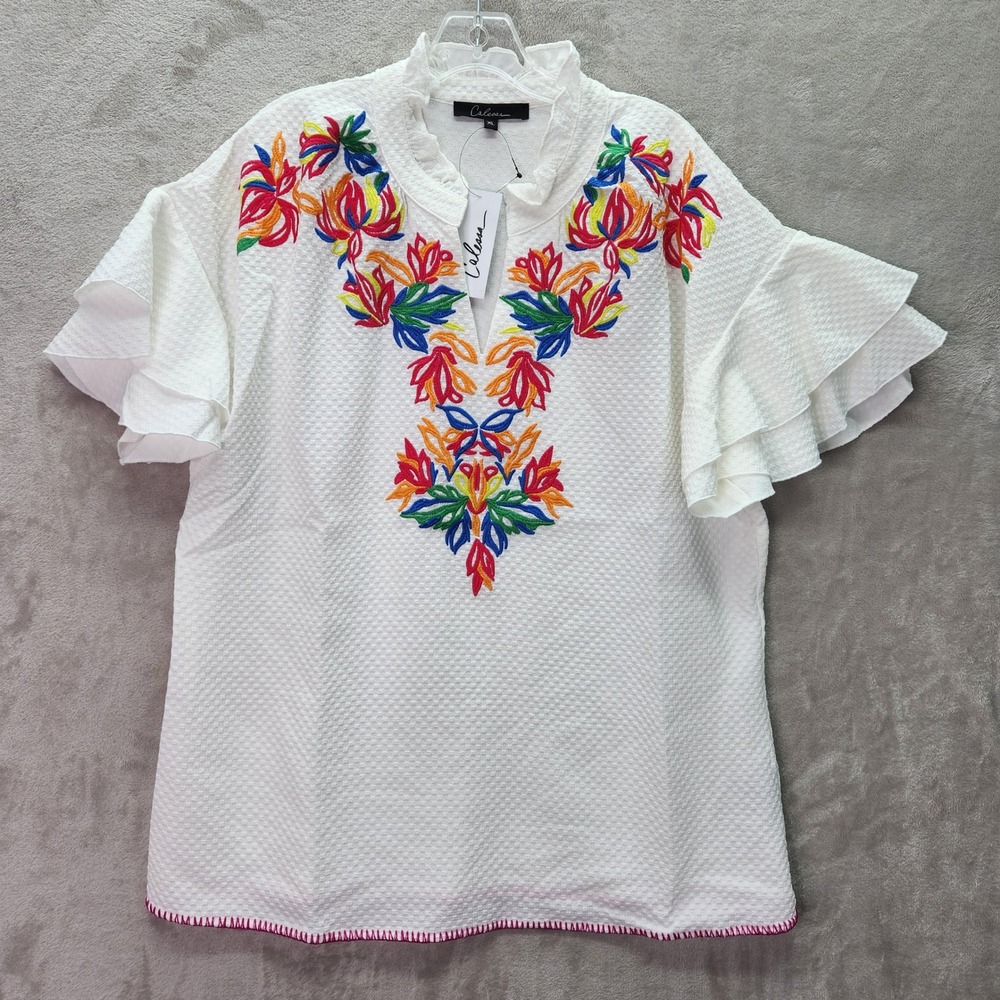 Calessa Tunic Womens XL White Embroidered‎ Flutter Sleeve Ruffle Neck Top Boho